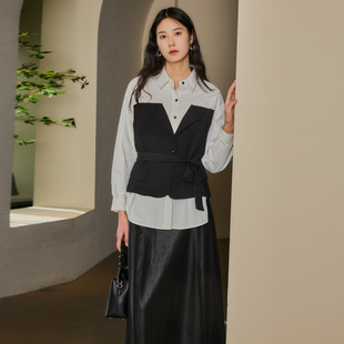 女款 拼接长袖 2024春装 法式 衬衣HC8103020 新款 西町村屋假两件衬衫