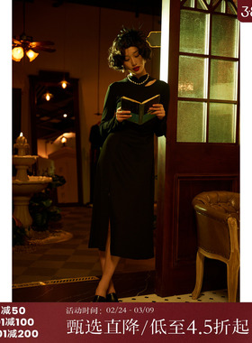 西町村屋连衣裙女秋季新款新中式褶皱收腰长袖连衣长裙AC8502216