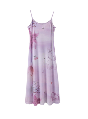 西町村屋渐变渲染小狗吊带连衣裙夏季新款复古长款裙子XAAB10264