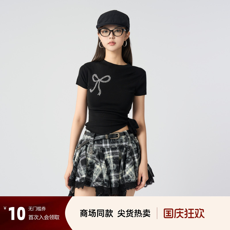 西町村屋蝴蝶结系带针织衫女2025秋季新款百搭短袖小衫XAAC10020
