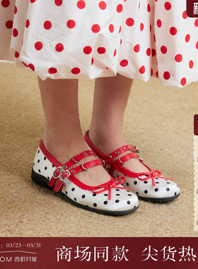 西町村屋法式红色波点浅口单鞋新款蝴蝶结平底玛丽珍鞋XABB20008