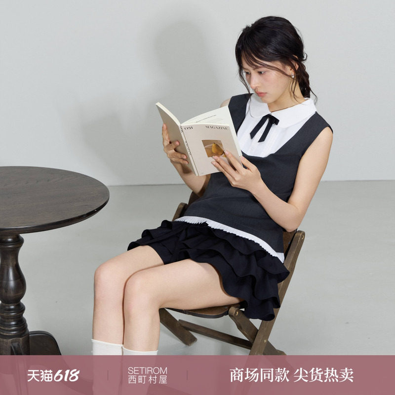 西町村屋假两件拼接上衣2026夏新款甜美减龄小衫含领结XABB10435