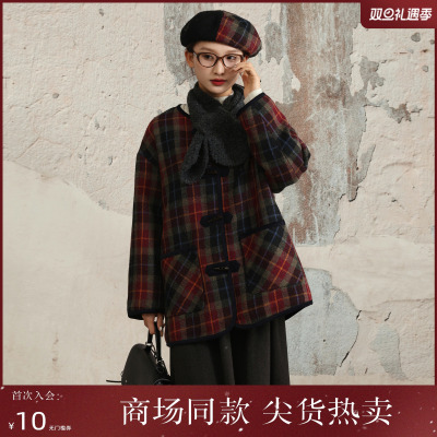西町村屋学院格纹外套女2025冬新款文艺上衣含围巾帽子XHAD10048