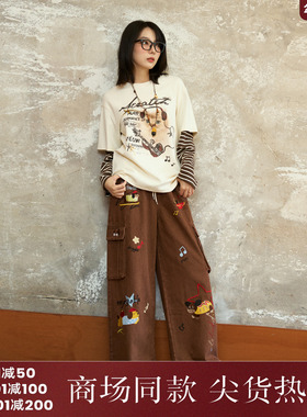 西町村屋趣味工装裤女装2025秋季新款重工小狗绣花裤子CAAC10673