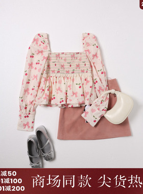 西町村屋甜美蝴蝶结长袖小衫女装秋季新款樱桃印花衬衣CA9C10035