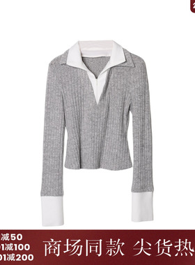 西町村屋纯欲拼接针织长袖小衫女秋季新款气质修身上衣XA9C10105