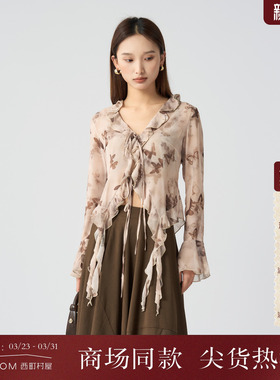 西町村屋印花荷叶边绑绳小衫2025秋季新款复古长袖衬衫XEAC10200