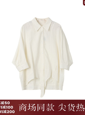 西町村屋休闲中袖系带衬衣女秋季新款宽松白色防晒衬衫XH9C10011