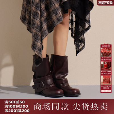 西町村屋英伦风靴子女秋冬季新款复古感褶皱时髦低帮靴XAAD20016