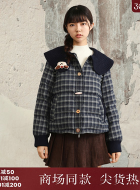 西町村屋学院风90白鸭绒外套女2025新款翻领格纹羽绒服CAAD10478