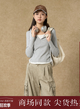 西町村屋连帽卫衣女2025秋季新款简约休闲风假两件小衫XHAC10643
