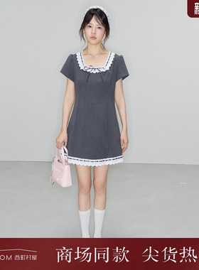 西町村屋简约短袖连衣裙女2026夏新款花边领学院风裙子XABB10001