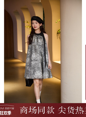 西町村屋法式蝴蝶结飘带连衣裙女夏季新款气质短款裙子XAAB10187