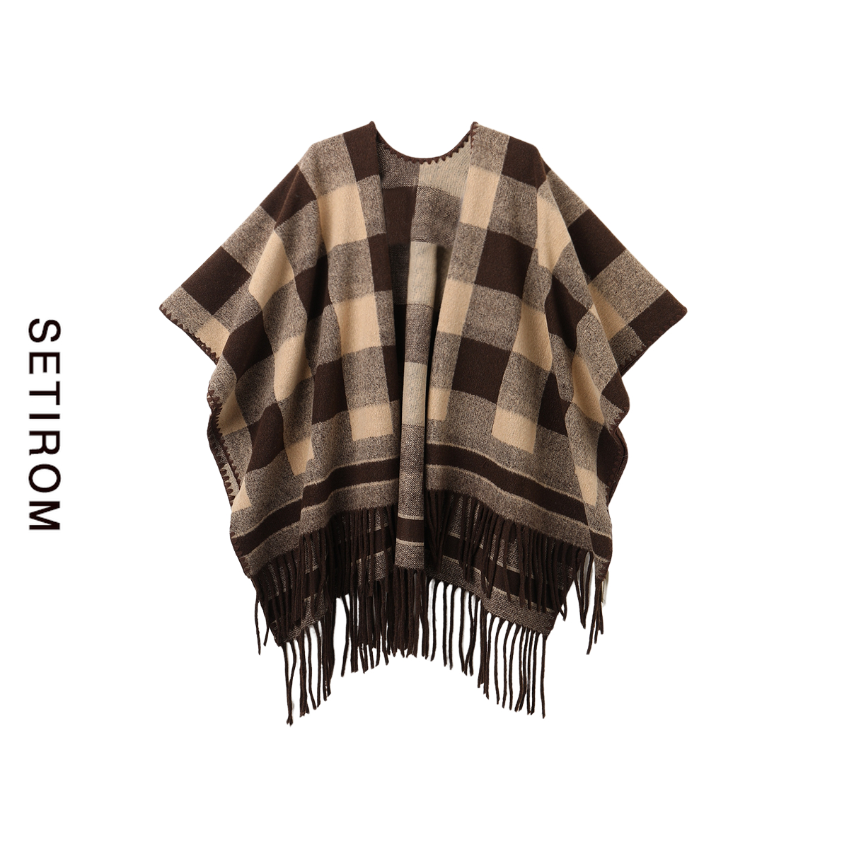 西町村屋气质复古格纹流苏披肩女