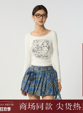 西町村屋蕾丝拼接小衫女2025秋季新款趣味猫咪印花小衫XAAC10144