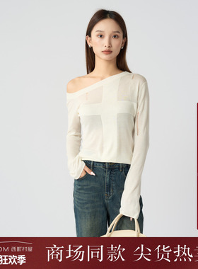 西町村屋斜肩十字架针织衫女2025秋季新款文艺长袖小衫XAAC10225