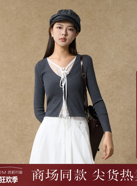 西町村屋甜系小衫女2025秋季新款蕾丝拼接V领系带针织衫XAAC10066