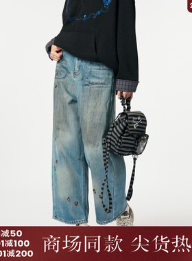 西町村屋复古风直筒裤女装2025冬季新款韩系做旧牛仔裤XHAD10077