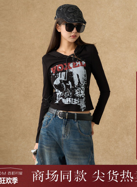 西町村屋朋克T恤女装2025秋季新款印花分割设计连帽小衫XAAC10532