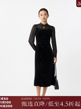 西町村屋连衣裙女2025秋新中式立领丝绒复古拼接长裙AC8502022