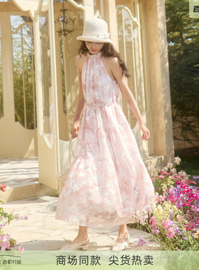 西町村屋法式挂脖连衣裙2026夏新款提花裙子含串珠腰绳XABB10283