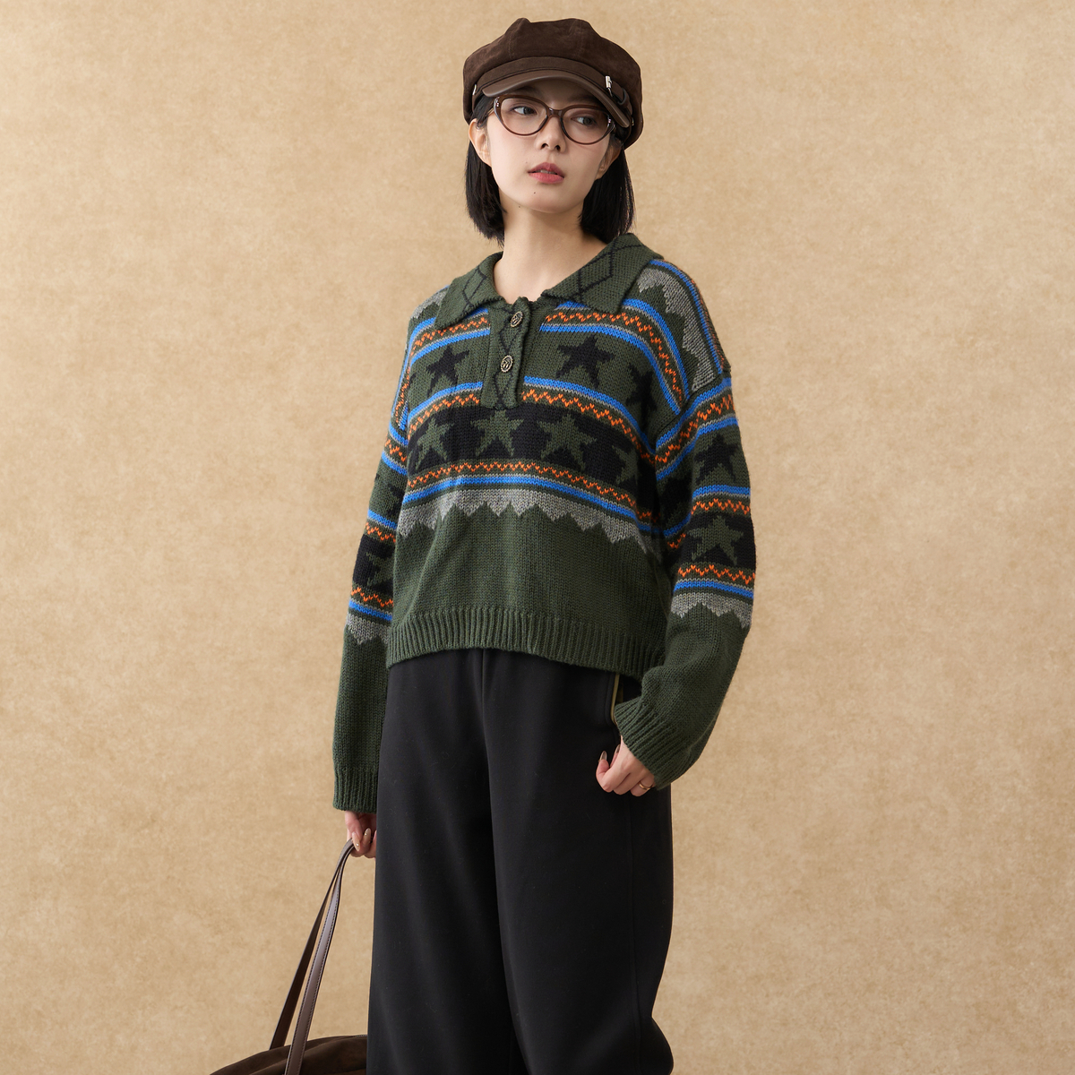 西町村屋复古翻领毛衣女装冬季新款学院感提花百搭上衣AD8104330