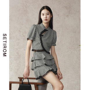 小衫 立领格子短袖 上衣AB8111040 女夏国风新中式 西町村屋衬衫