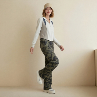 西町村屋潮酷工装裤女装春季新款美式休闲做旧迷彩裤子XAAA10371