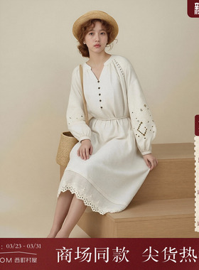西町村屋文艺感OP连衣裙女装春季新款简约镂空绣花裙子XHAA10005