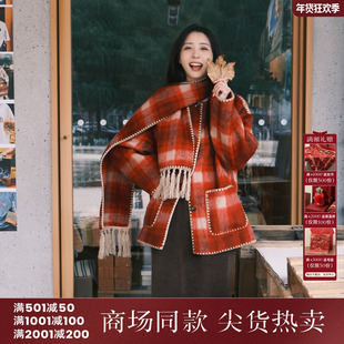 西町村屋格纹外套女装秋冬新款新中式红色格子毛呢大衣XAAD10188