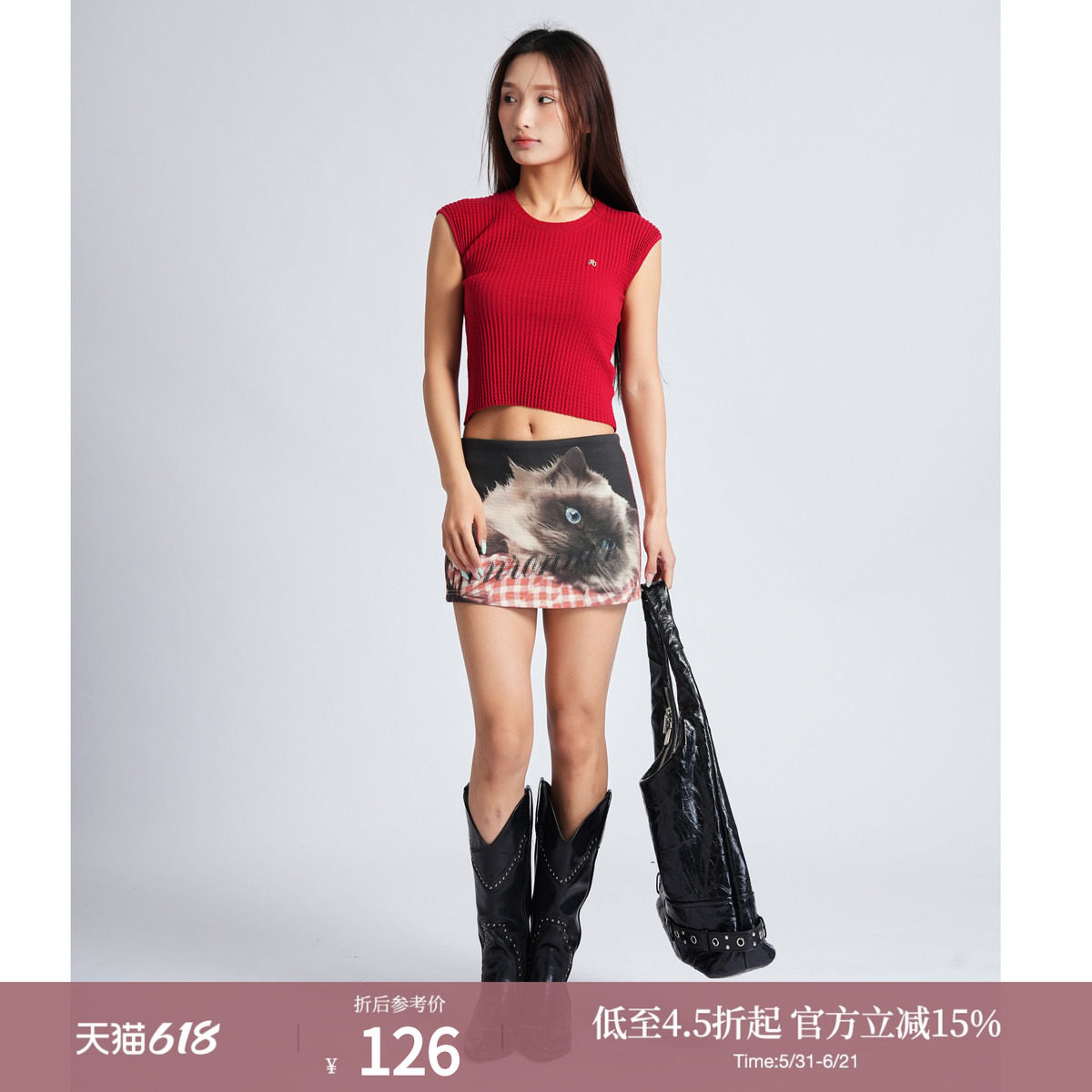 西町村屋慵懒猫咪印花裙子女装夏季新款复古短款半身裙XAAB10202