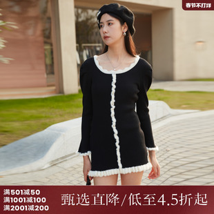 西町村屋法式连衣裙女装秋冬新款气质感撞色木耳边裙子AD8502013
