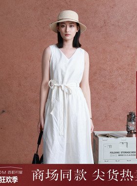 西町村屋简约无袖连衣裙女装夏季新款气质V领长款裙子XHAB10103
