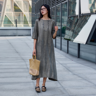 西町村屋气质禅意连衣裙女夏季新款宽松长款植物染裙子AB9501017