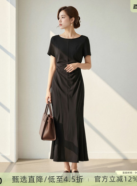 西町村屋气质连衣裙女装夏季新款简约方领压褶收腰裙子XXAB10011