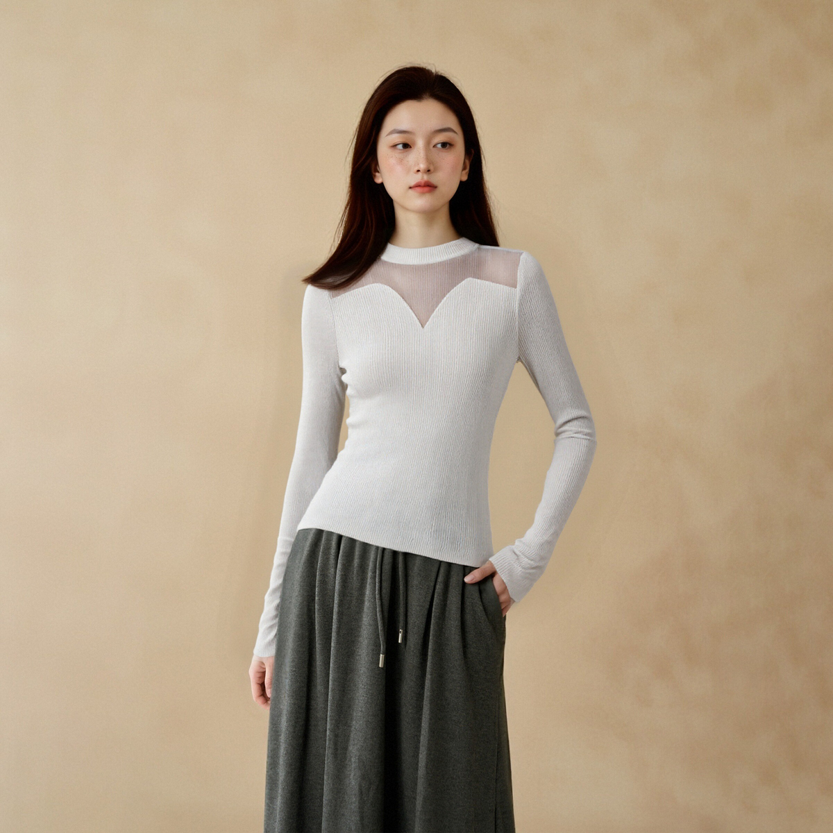 西町村屋温柔风打底衫衫女装冬新款镂空拼接设计针织衫AD8112057