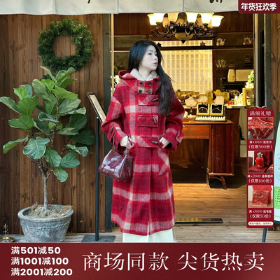 西町村屋复古格纹牛角扣毛呢大衣秋冬新款气质冬装外套XAAD10187