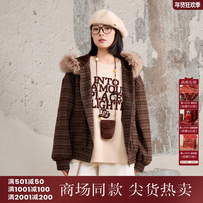 西町村屋休闲感外套女装2025冬季新款复古连帽格纹上衣XHAD10301