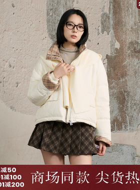 西町村屋复古风外套女装2025冬新款格子拼接短款羽绒服XAAD10333