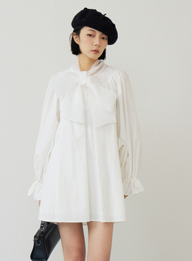 西町村屋衬衣连衣裙2026春新款蝴蝶结系带休闲舒适中裙CCBA10488