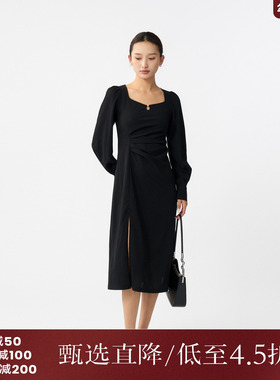 西町村屋法式方领收腰连衣裙女装2025秋气质复古裙子XX9C10057