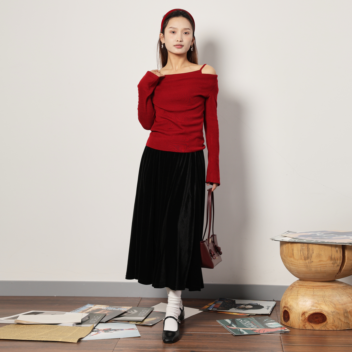 西町村屋法式长款简约丝绒半身裙