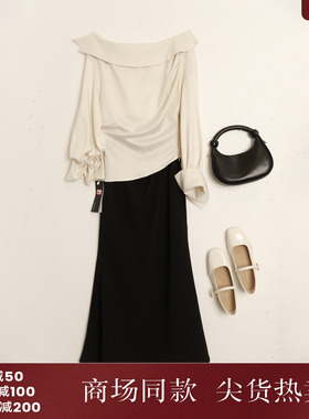 西町村屋不对称一字肩缎面小衫女秋季新款气质长袖衬衣XX9C10027