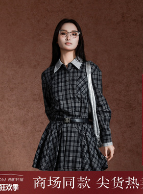 西町村屋撞色拼接连衣裙女春季新款双层领格纹长袖裙子XAAA10038