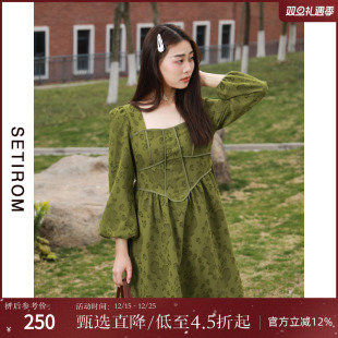 裙子剪花收腰长裙AA8502007 长袖 西町村屋连衣裙女新款 设计感法式