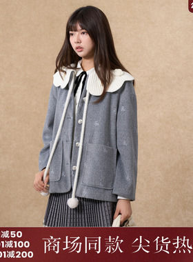 西町村屋甜系外套2025冬新款蝴蝶结刺绣拼接针织领上衣CAAD10493