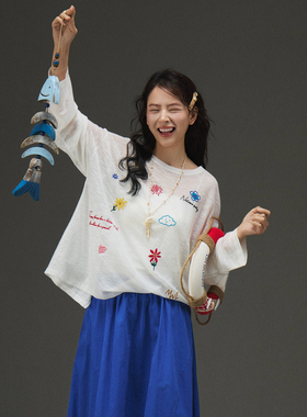 西町村屋休闲刺绣罩衫2026夏新款简约宽松版长袖针织衫XABB10148