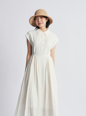 西町村屋简约通勤压褶连衣裙女装夏季新款文艺短袖裙子XHAB10048