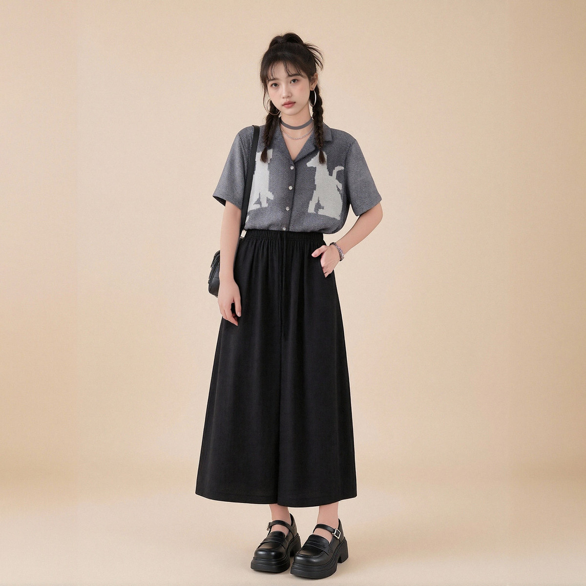 西町村屋休闲感衬衣女装夏季新款宠物剪影印花短袖衬衫XAAB10422图片