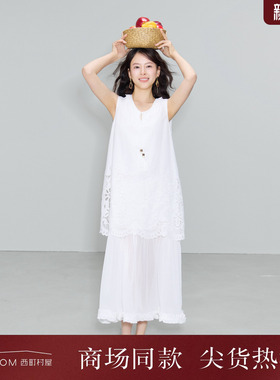 西町村屋文艺重工连衣裙女装2026夏季新款镂空刺绣裙子XABB10523